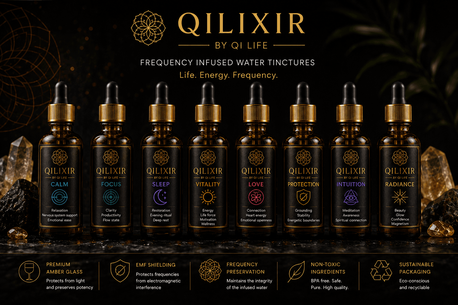 The Qilixir Ascension Collection — all eight ritual elixirs